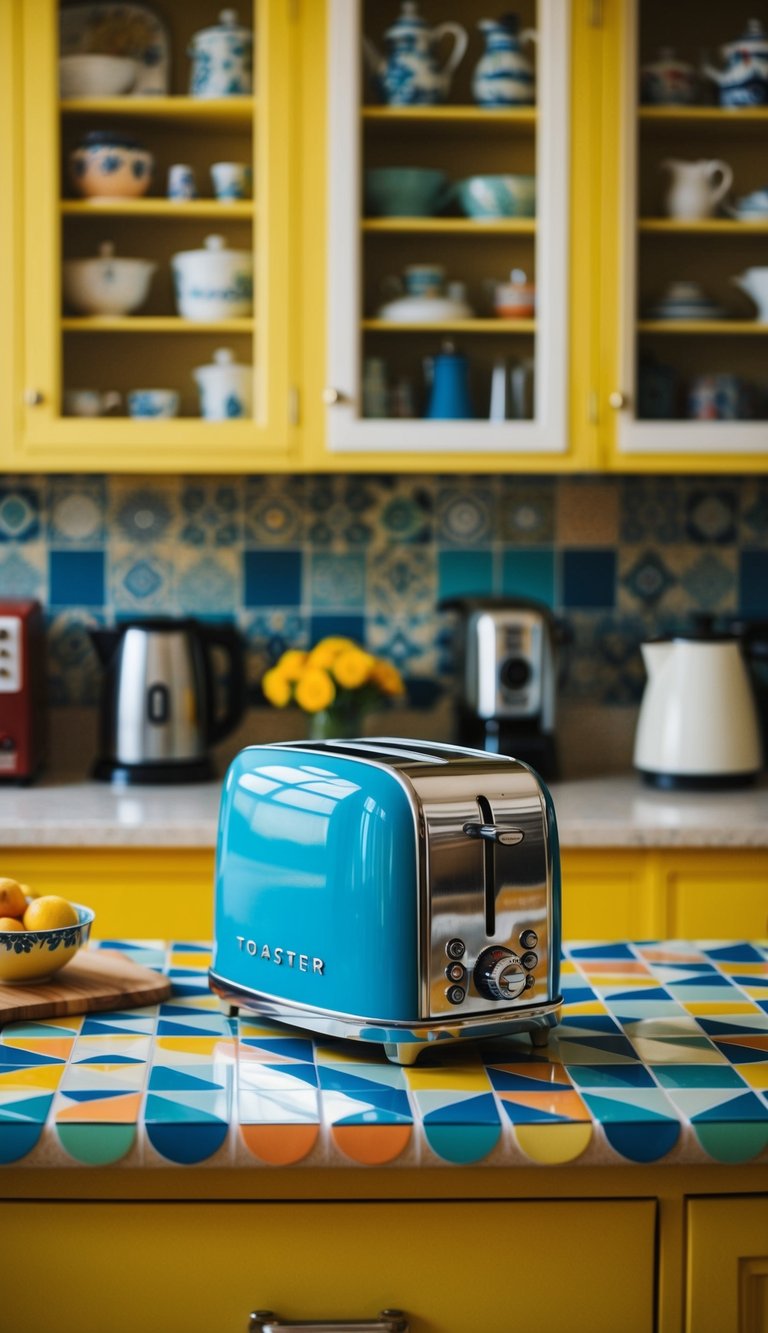 A retro toaster sits on a colorful countertop surrounded by vintage kitchen decor and appliances