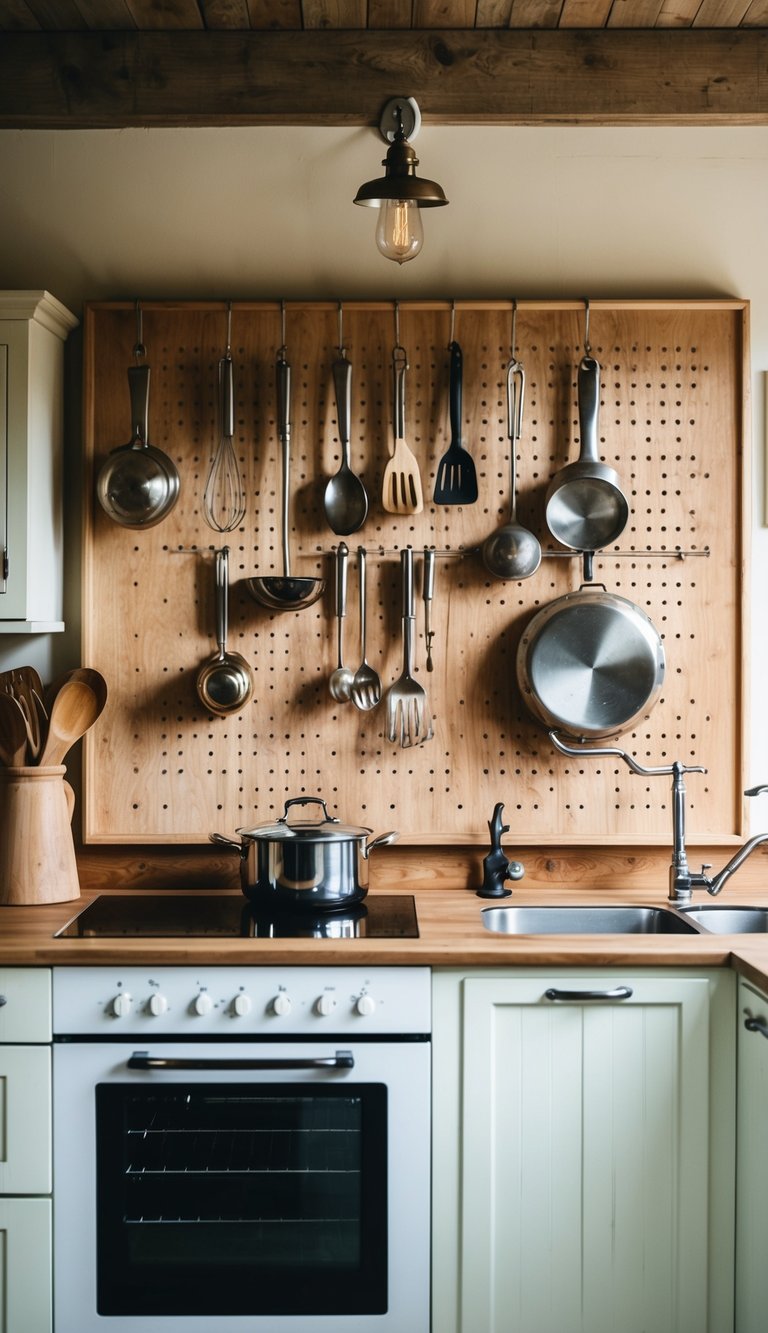 A rustic kitchen with pegboard storage displaying vintage utensils and cookware