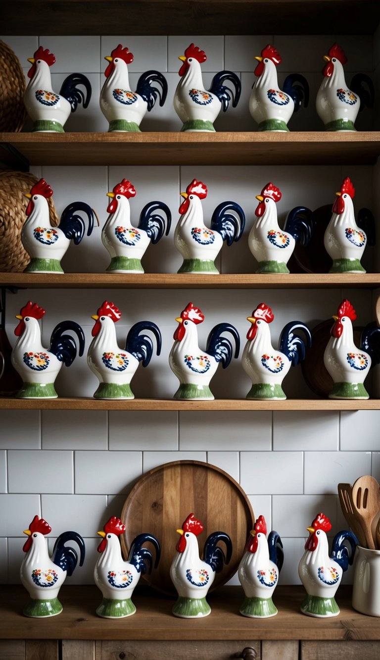 A collection of 21 ceramic rooster figurines arranged on a rustic farmhouse kitchen shelf