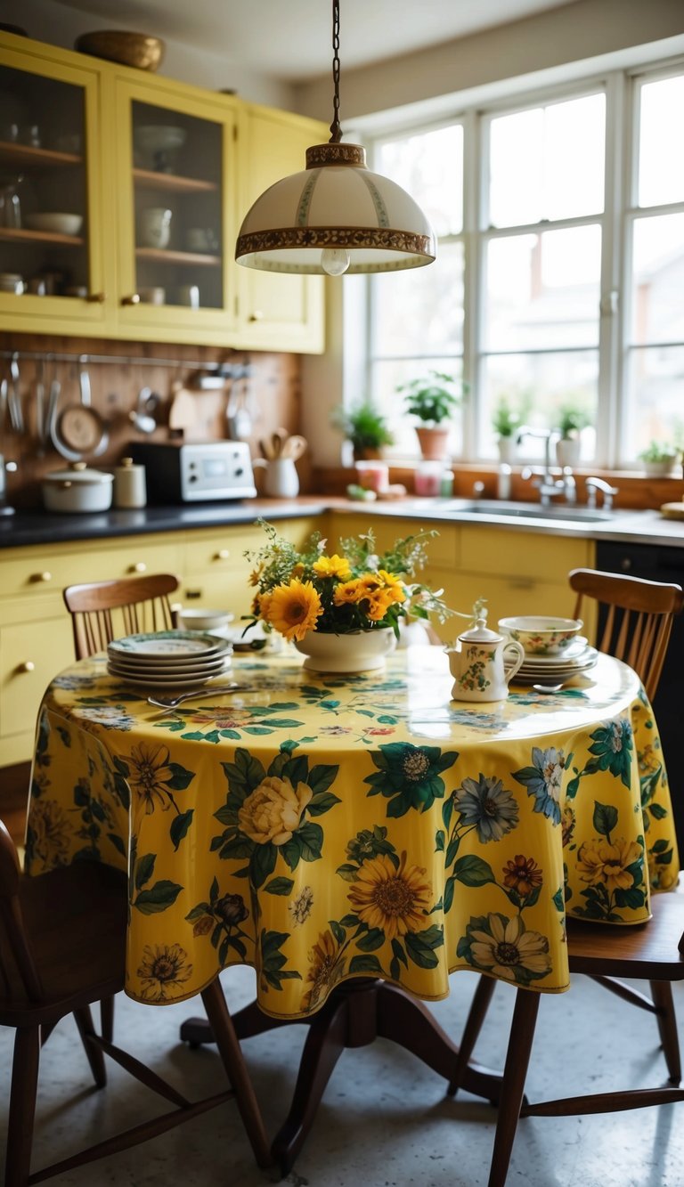 A vintage kitchen table with a floral oilcloth tablecloth, surrounded by retro kitchen decor and utensils