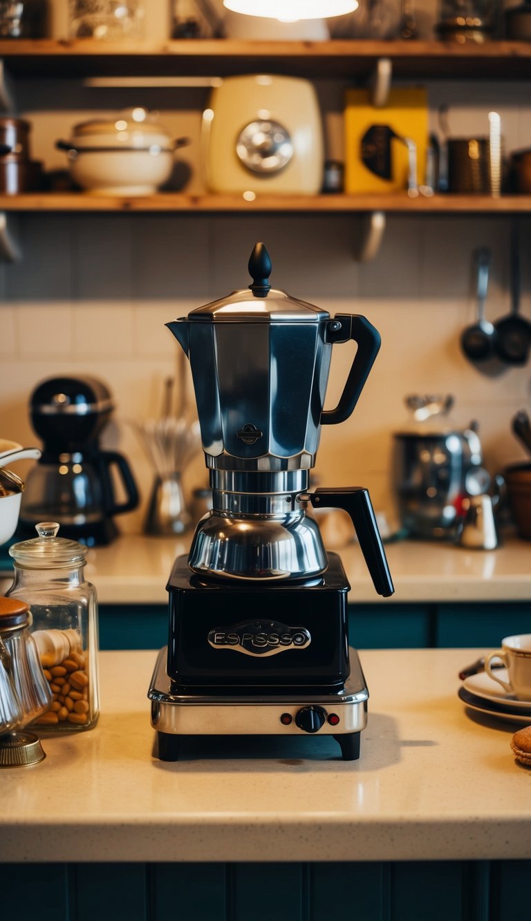 A retro stovetop espresso maker sits on a vintage kitchen counter surrounded by other nostalgic kitchen items