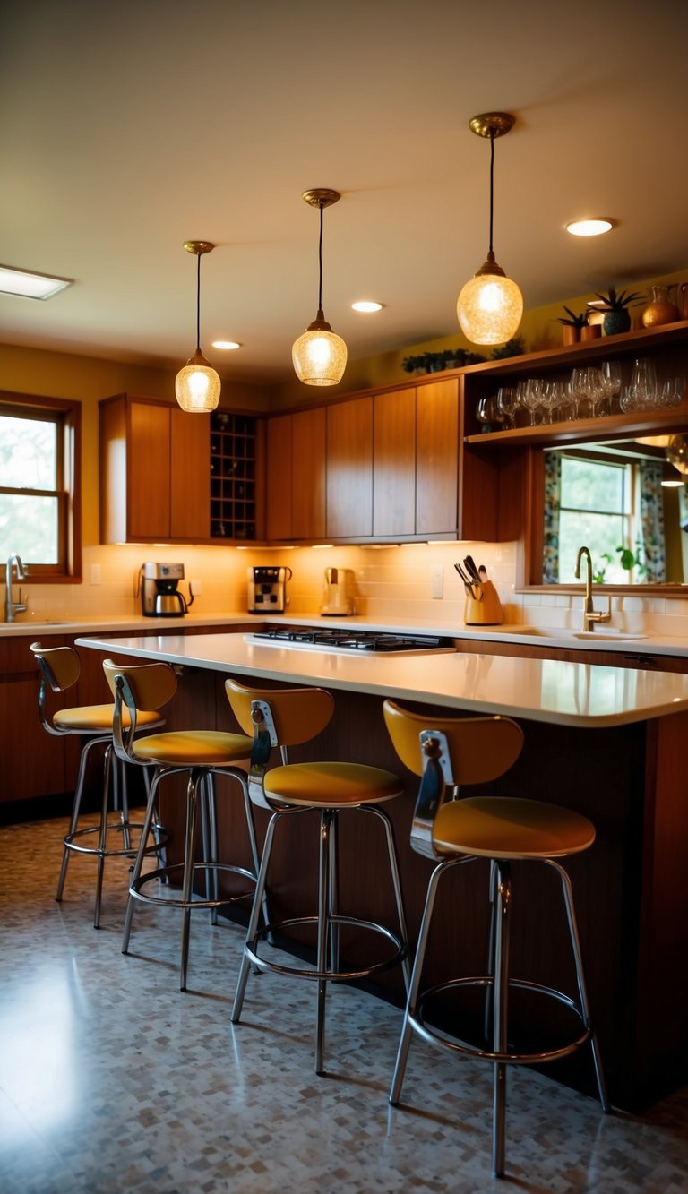 A cozy mid-century kitchen with 21 vintage bar stools, warm lighting, and retro decor