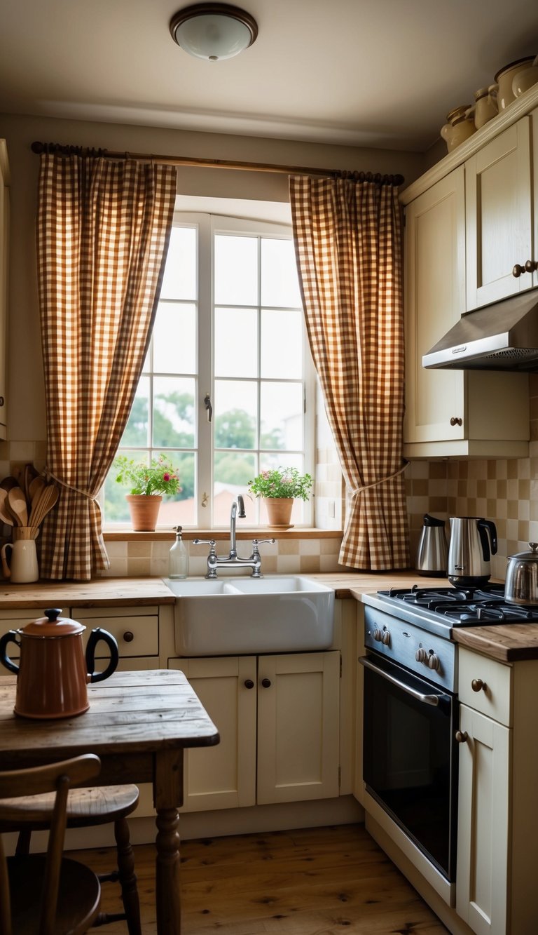 A cozy vintage kitchen with checkered café curtains, a rustic wooden table, and a retro coffee pot on the stove