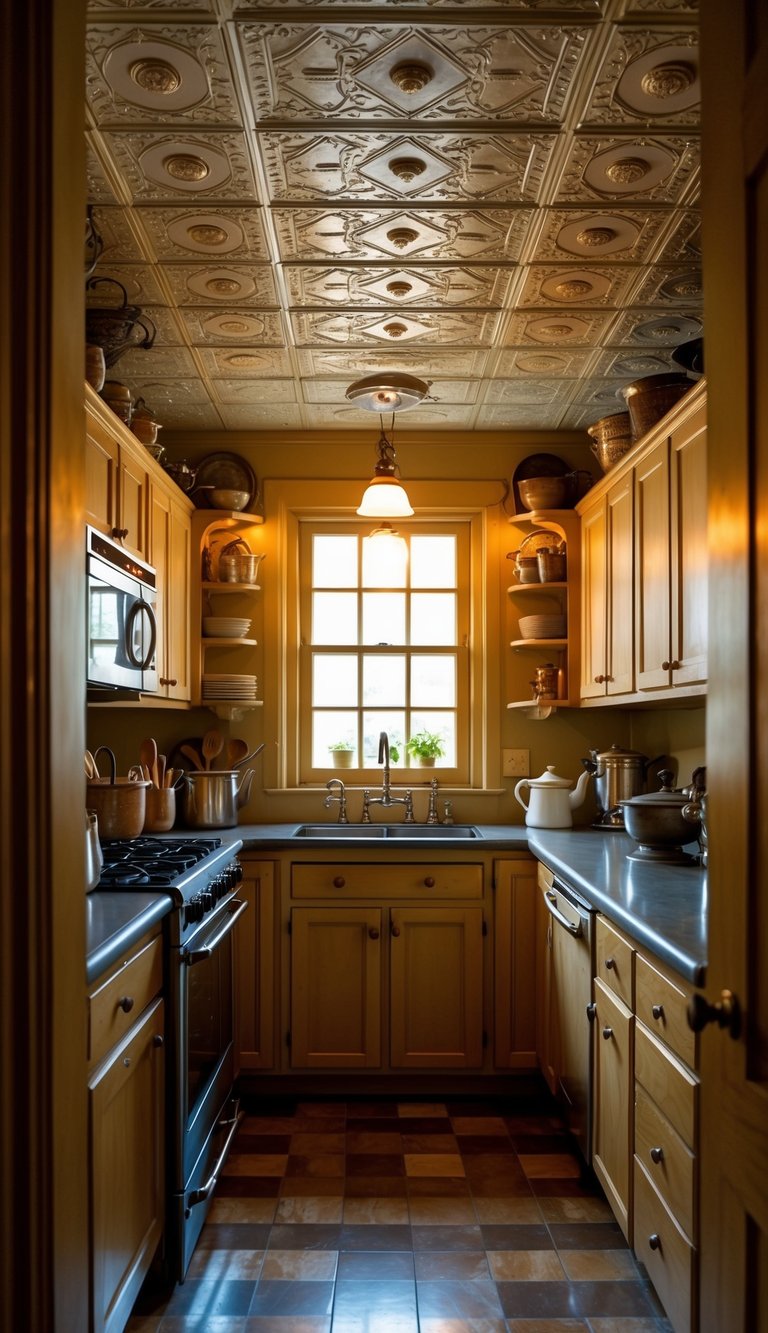 A cozy vintage kitchen with an embossed tin ceiling, antique cookware, and warm lighting