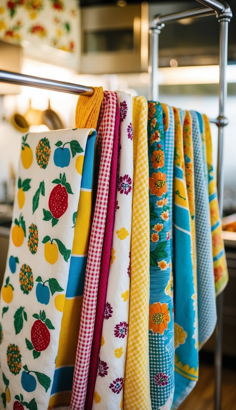 A colorful array of vintage tea towels hanging on a retro kitchen rack, with patterns of fruit, flowers, and geometric designs