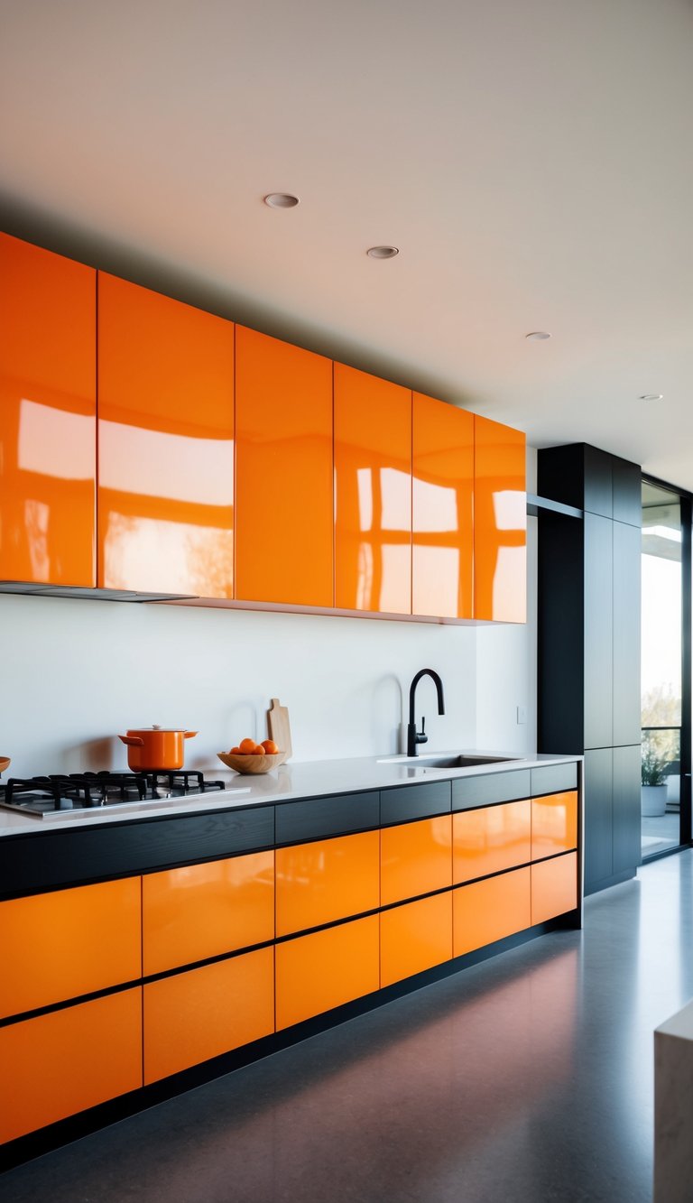 Vibrant orange cabinets stand out in a modern kitchen, adding a bold pop of color to the sleek and minimalist space