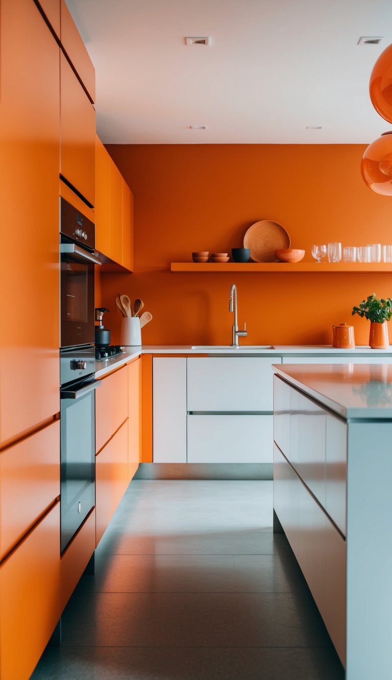 A modern kitchen with tangerine accent walls, sleek appliances, and vibrant orange decor