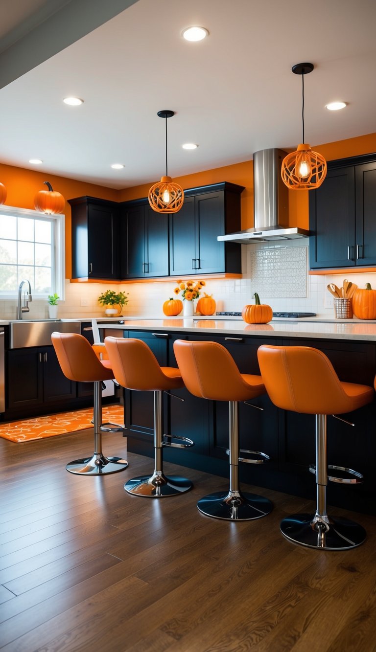 A kitchen with 22 pumpkin-colored bar stools arranged around a sleek island. Orange accents and decor add warmth to the modern space
