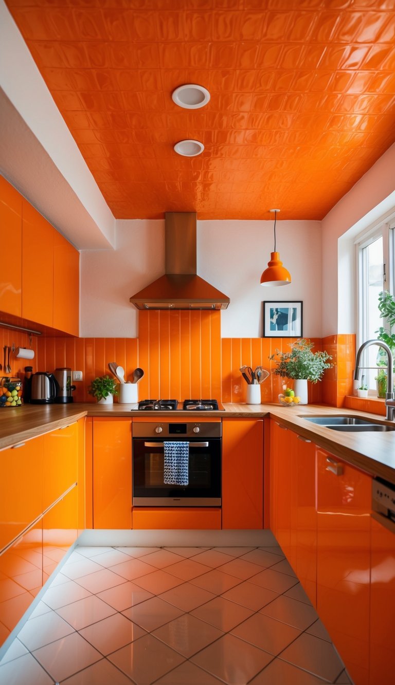 A bright orange kitchen with clementine ceiling, featuring modern design and vibrant decor