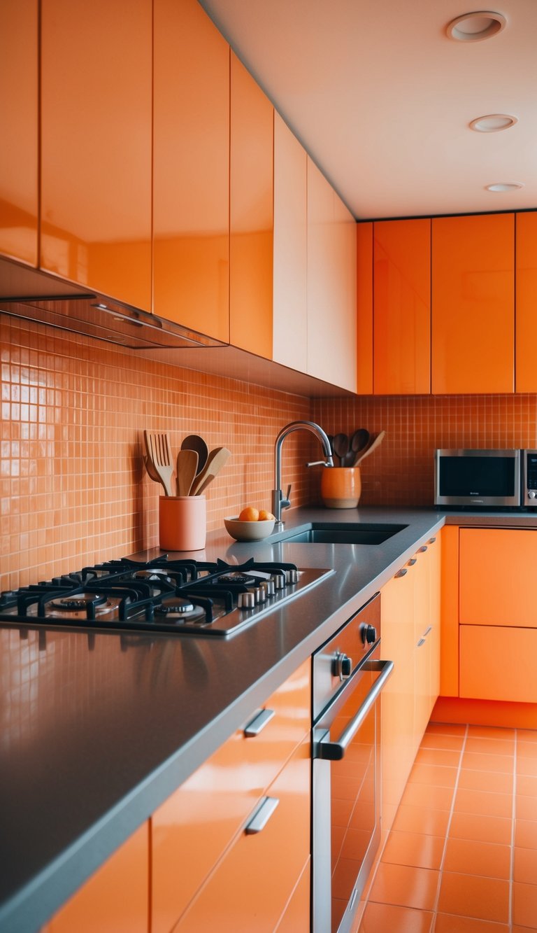 A vibrant orange kitchen with peachy backsplash, modern appliances, and sleek countertops