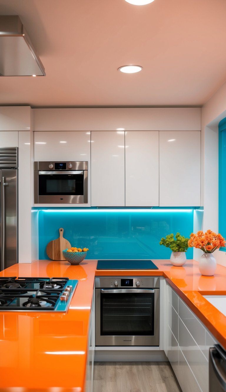 A modern kitchen with vibrant orange coral countertops, sleek appliances, and pops of turquoise accents
