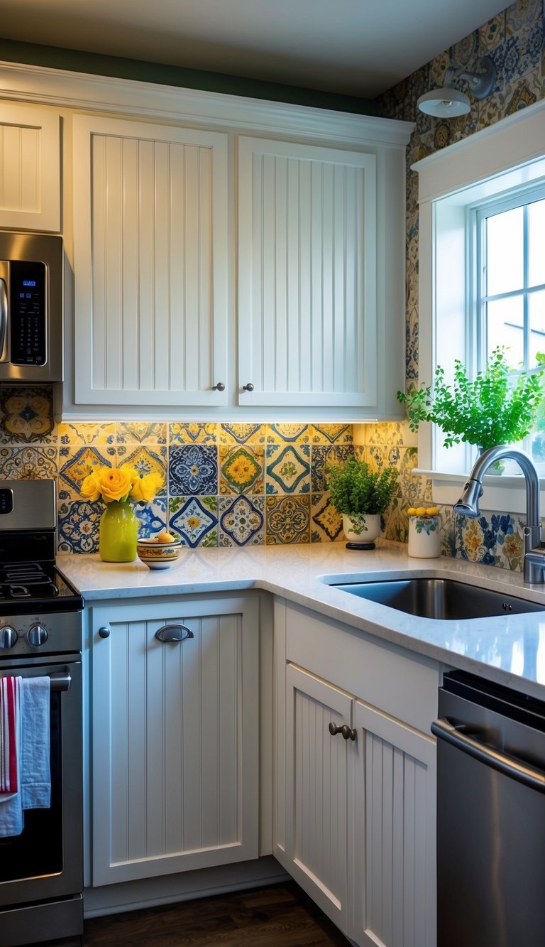A cozy kitchen with white beadboard backing, adorned with various colorful and patterned tiles for the backsplash