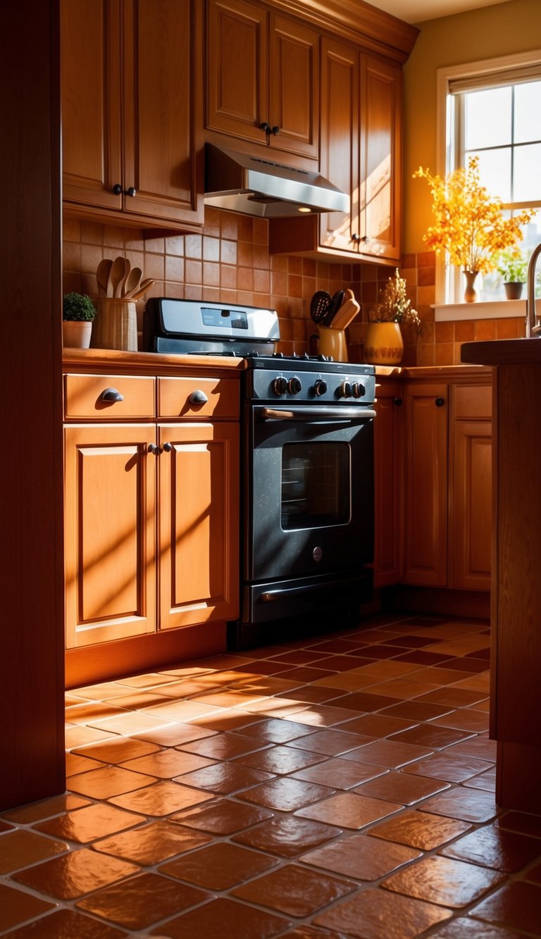 A warm, sunlit kitchen with 22 terracotta floor tiles in shades of orange, creating a cozy and inviting atmosphere