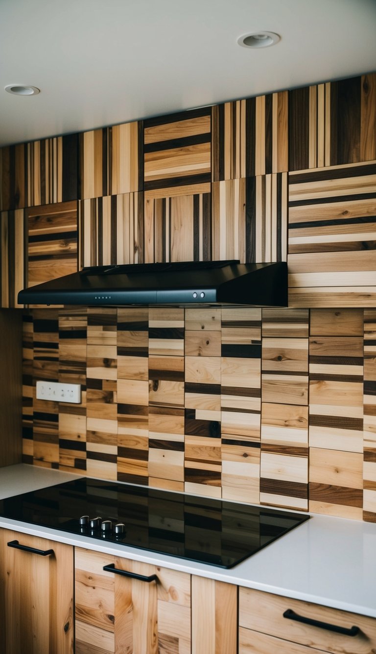 Wood panels arranged in various patterns on a kitchen wall, creating a unique and rustic backsplash
