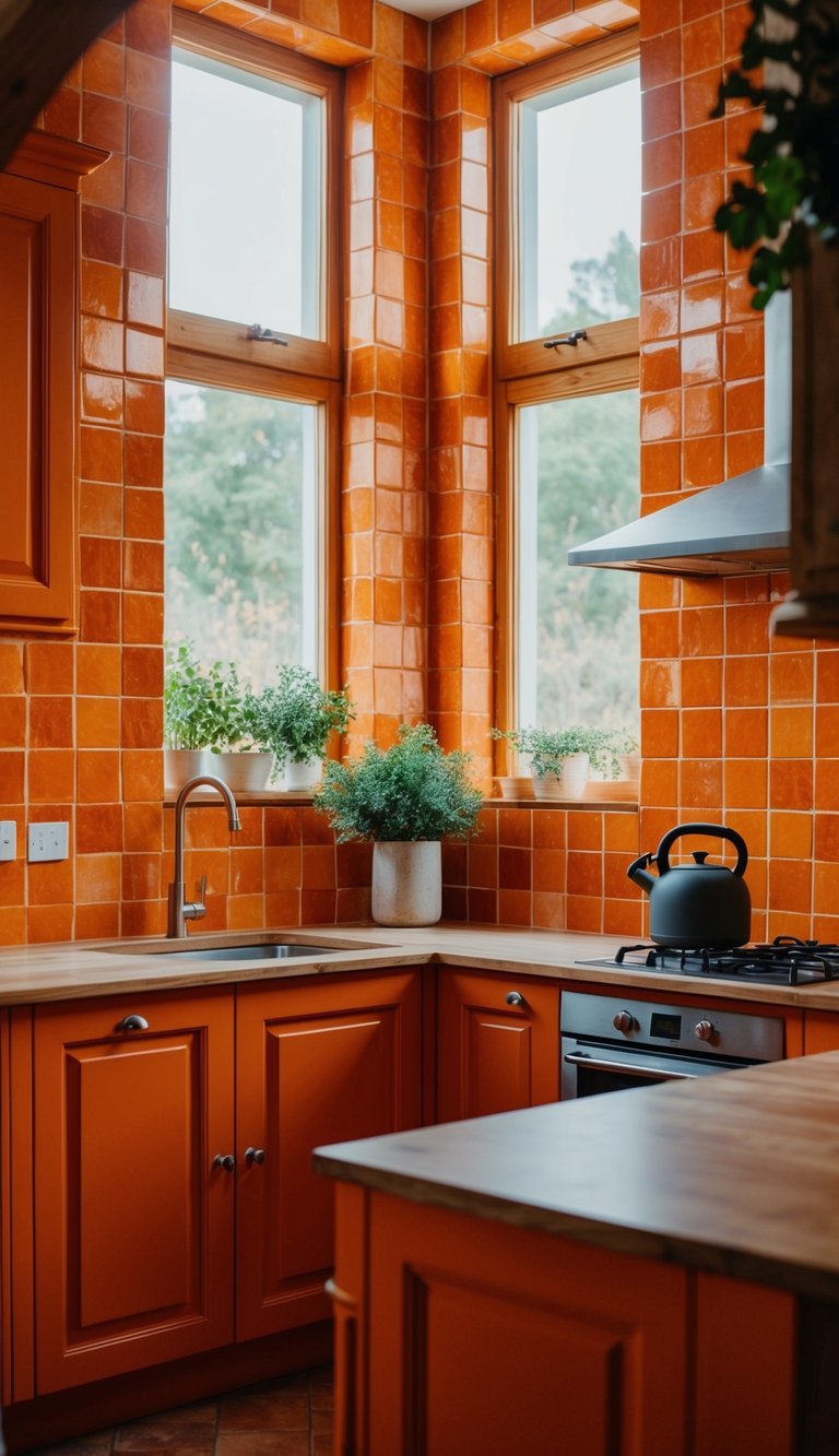 A kitchen with rustic orange tiles, warm and inviting, with natural light streaming through the window