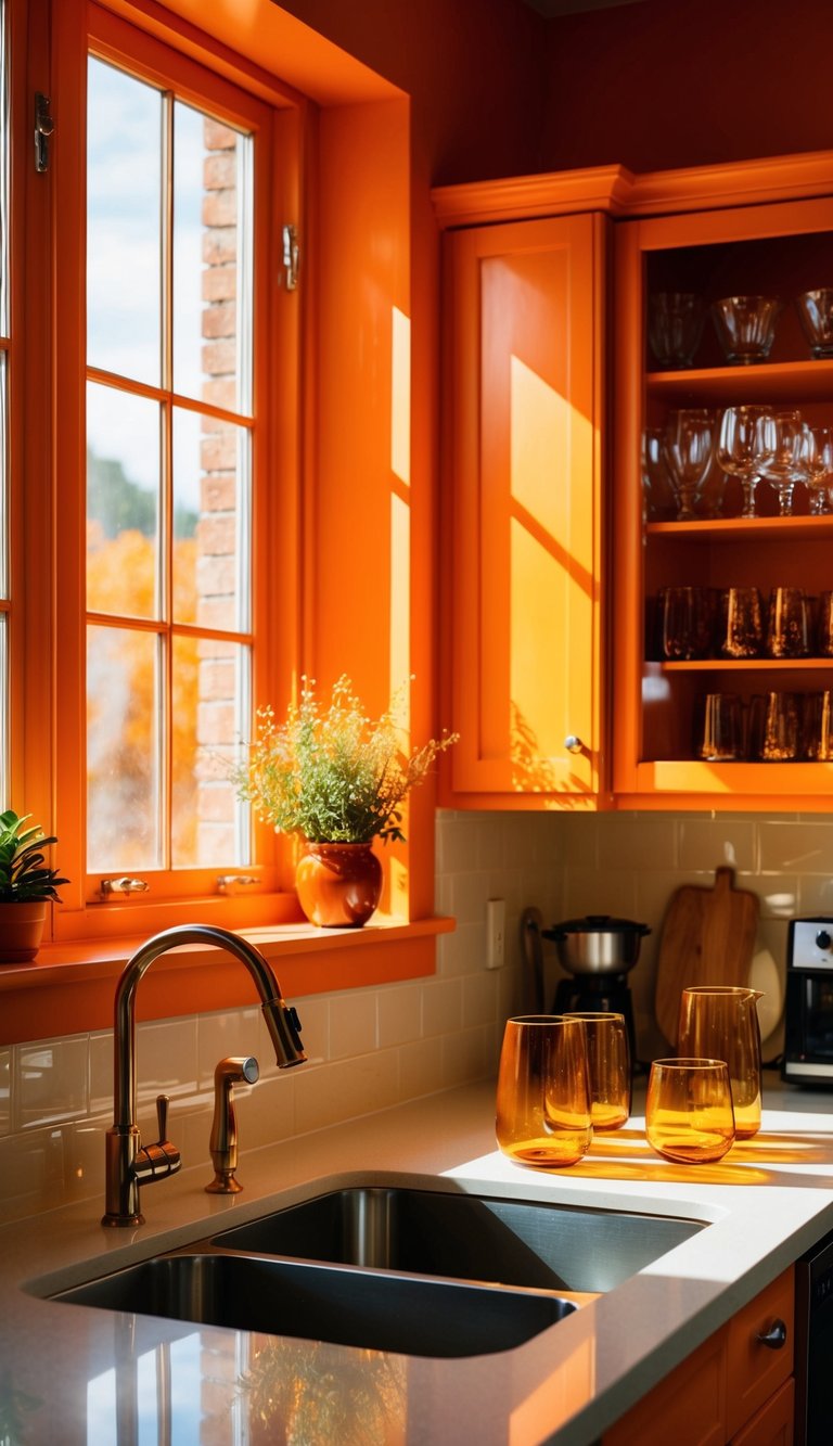 A bright orange kitchen with amber glassware on display, reflecting the warm sunlight streaming through the windows