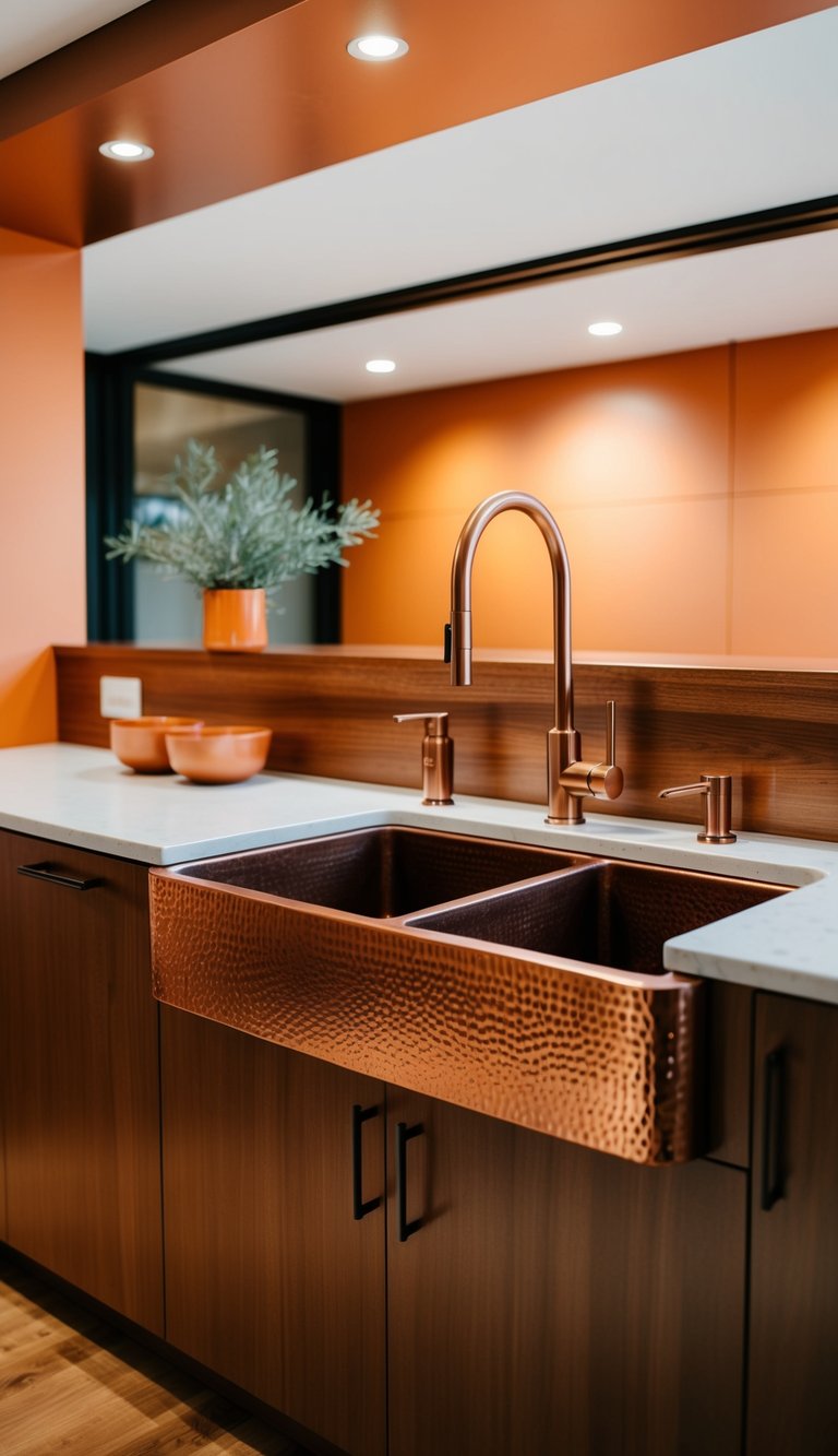 A modern kitchen with copper sinks, featuring warm orange accents and sleek design elements