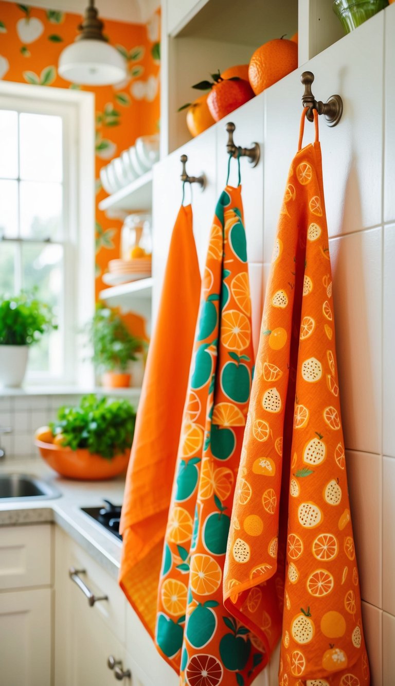 Colorful dish towels hanging in a bright kitchen, featuring vibrant orange hues and fruity patterns