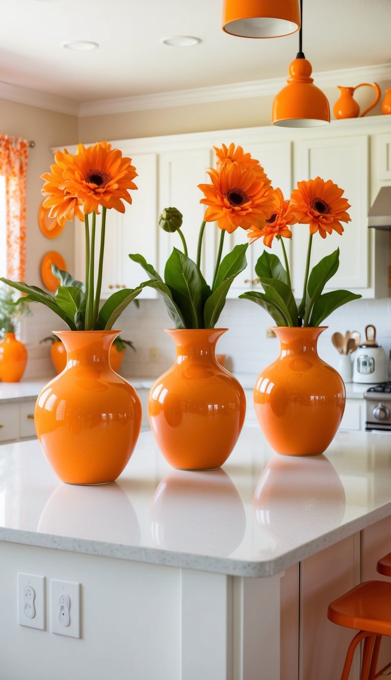 A bright kitchen with papaya-colored vases on the counter, surrounded by orange decor and accents