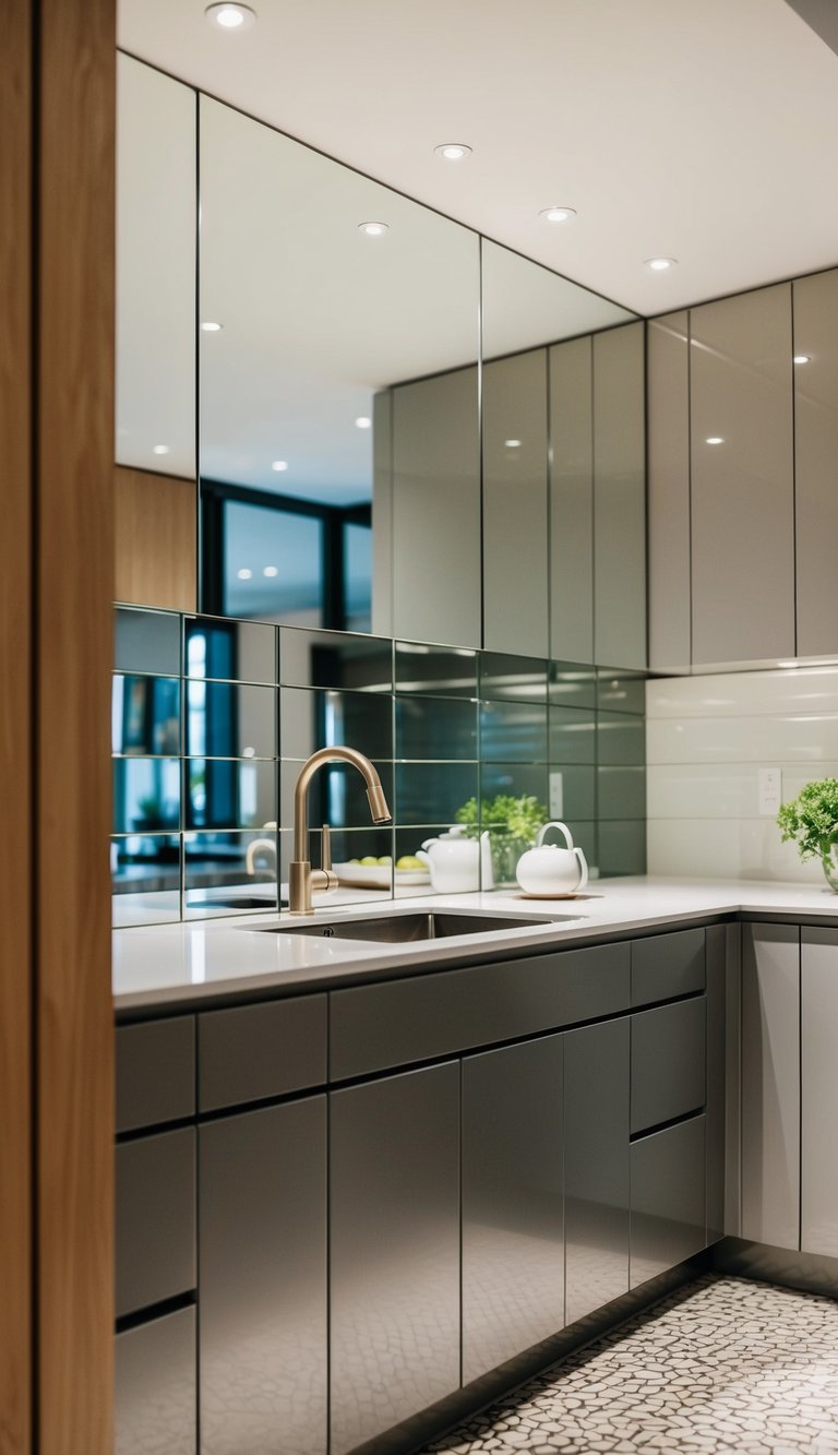 A modern kitchen with sleek mirror tile backsplash reflecting light and adding depth to the space