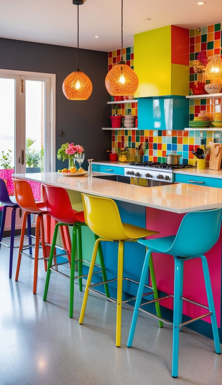 Colorful bar stools arranged in a vibrant kitchen with 22 colorful design ideas
