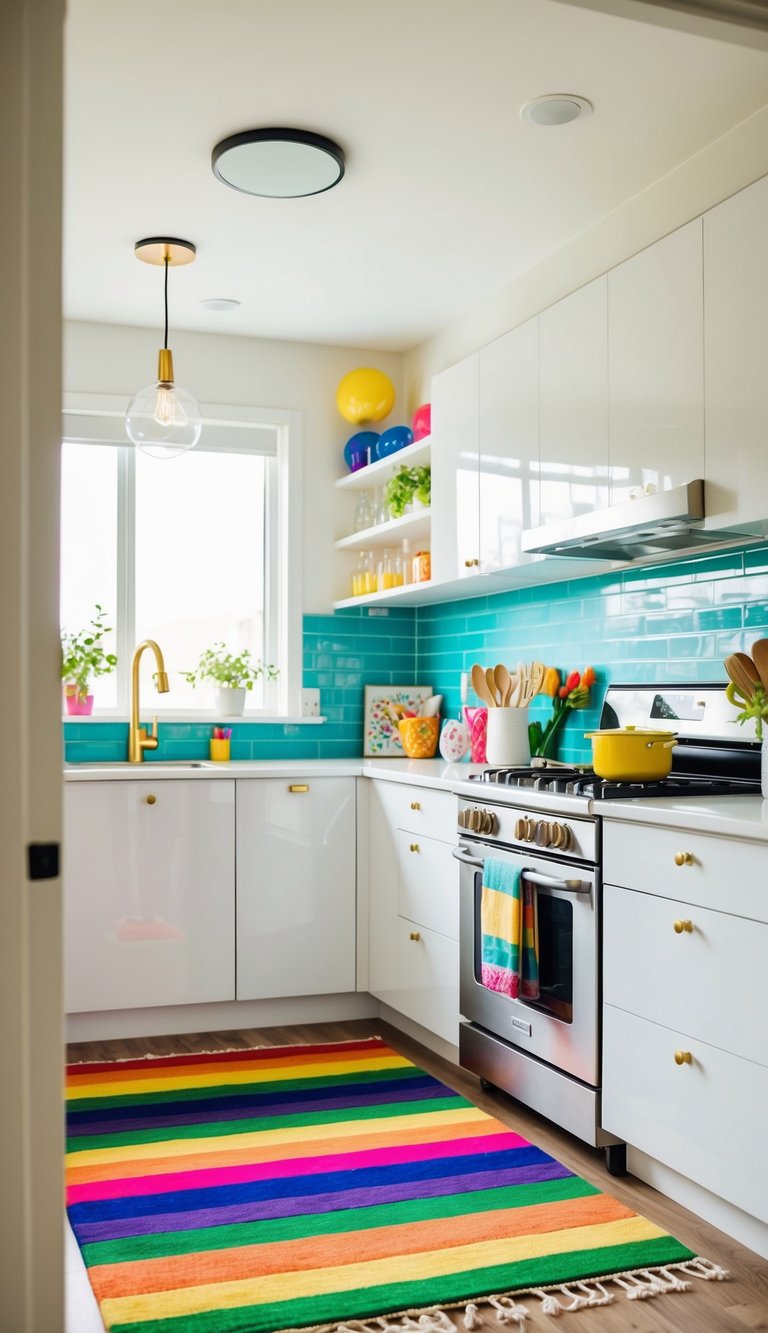A vibrant rainbow kitchen rug adds a pop of color to a modern, bright kitchen with colorful decor and accessories