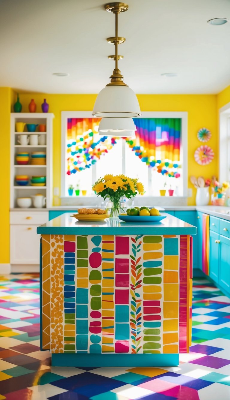 A vibrant kitchen island with a rainbow of colors and patterns, surrounded by cheerful decor and bright natural light