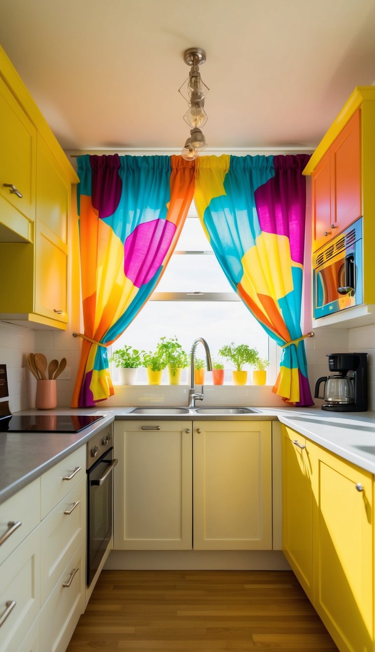 A bright kitchen with vibrant curtains and playful patterns, casting colorful light onto the sunny, cheerful room