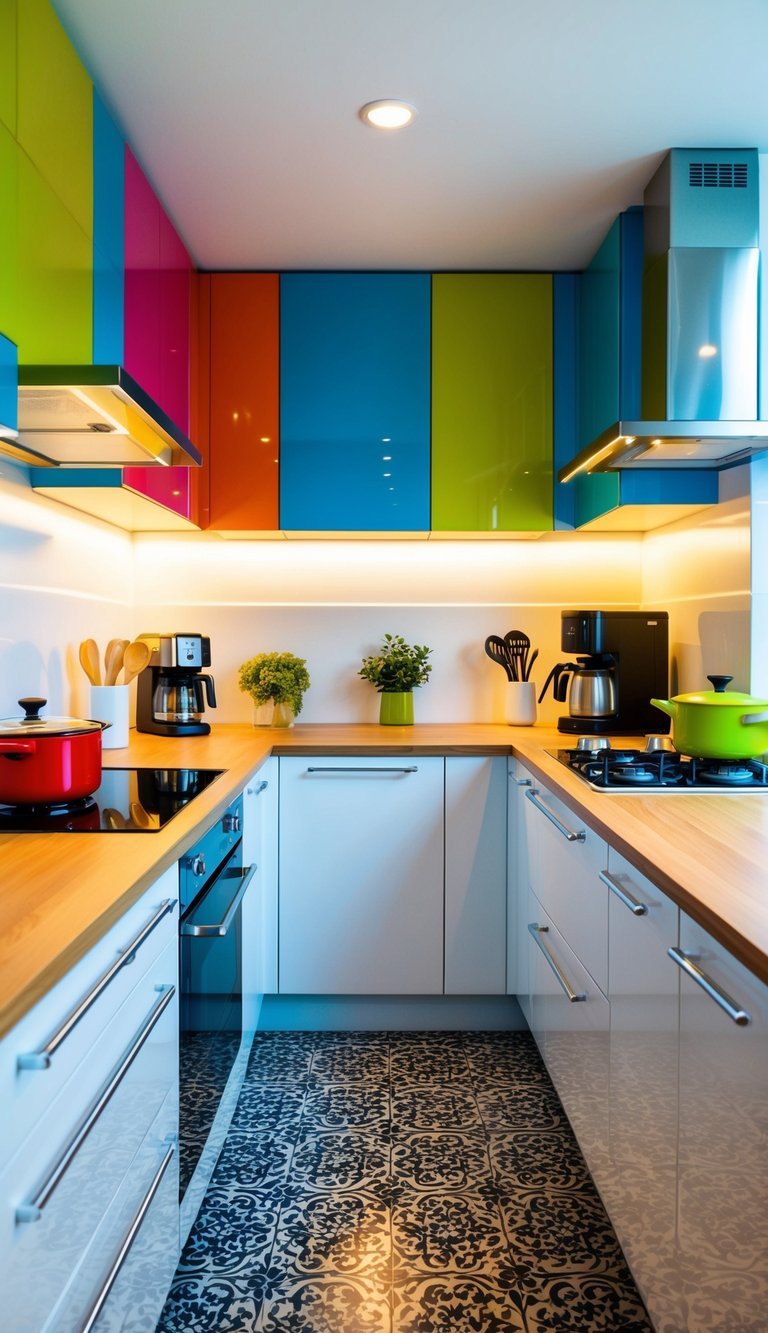 A vibrant array of countertop appliances in a modern kitchen. Bright colors and sleek designs create a lively and inviting atmosphere