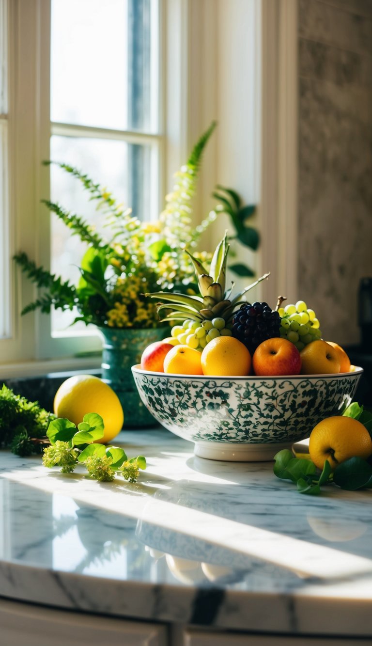A decorative fruit bowl sits on a marble countertop, surrounded by vibrant fruits and greenery. Sunlight streams through a nearby window, casting a warm glow over the scene