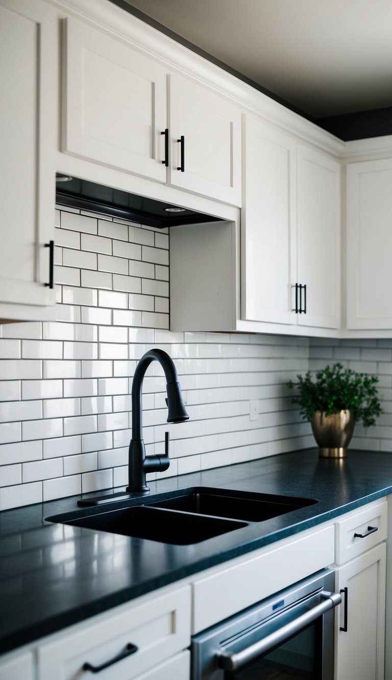 A modern kitchen with white subway tile backsplash and dark grout