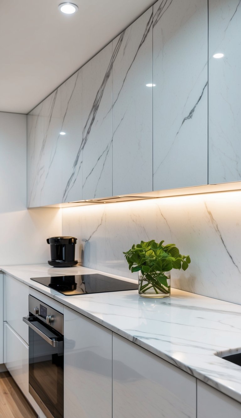 A sleek, Carrara marble backsplash adorns a modern white kitchen, reflecting light and adding a touch of elegance to the space
