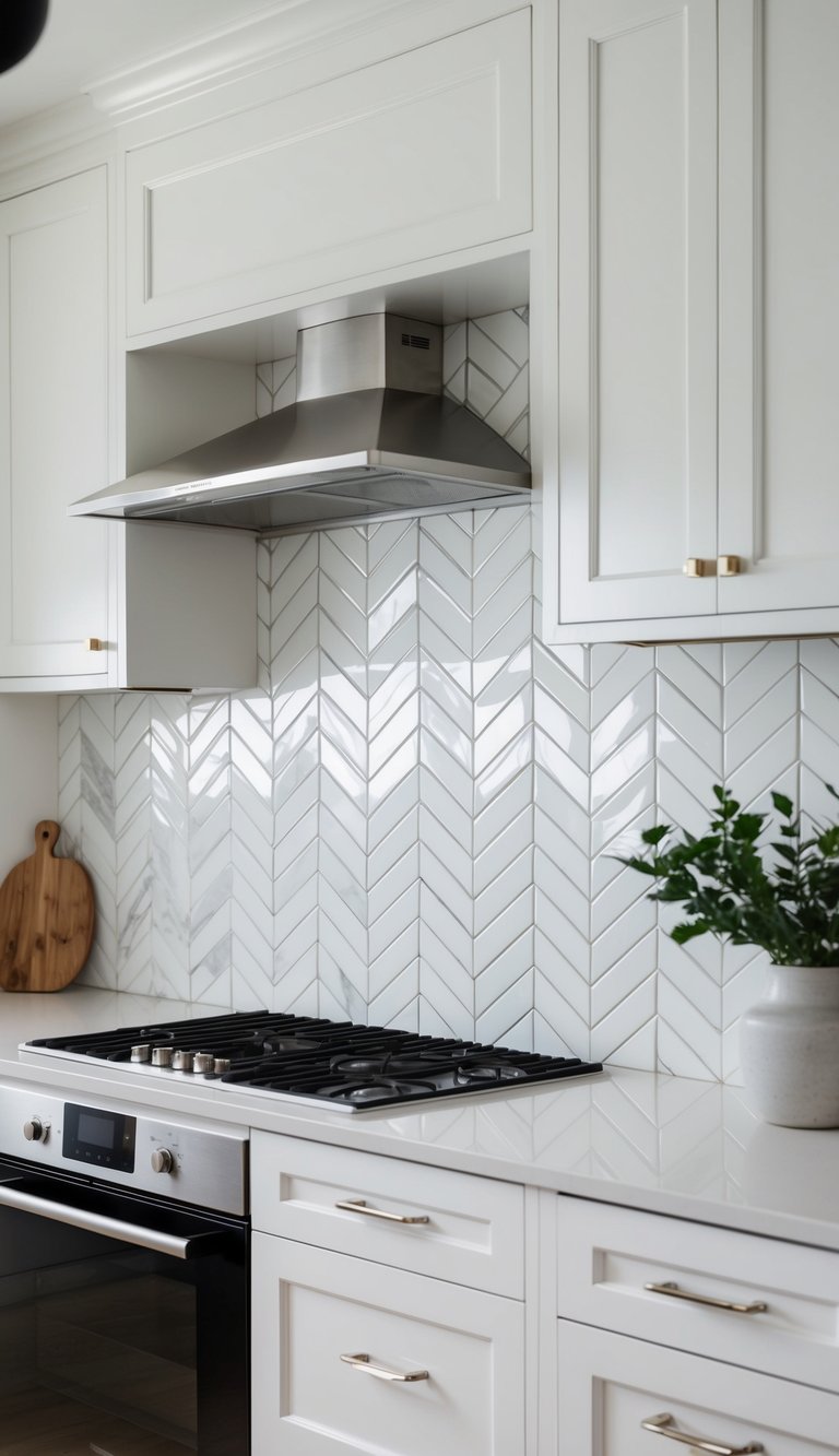 A sleek white kitchen backsplash with chevron pattern tiles