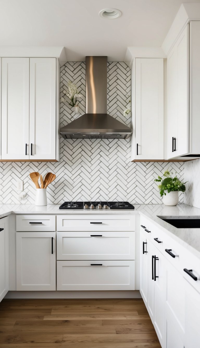 A modern white kitchen with a herringbone tile backsplash, clean lines and minimalist decor