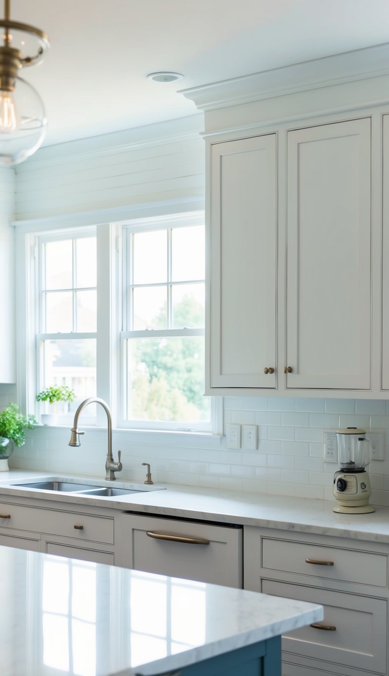 A bright and airy kitchen with white beadboard paneling as a backsplash, creating a clean and classic look