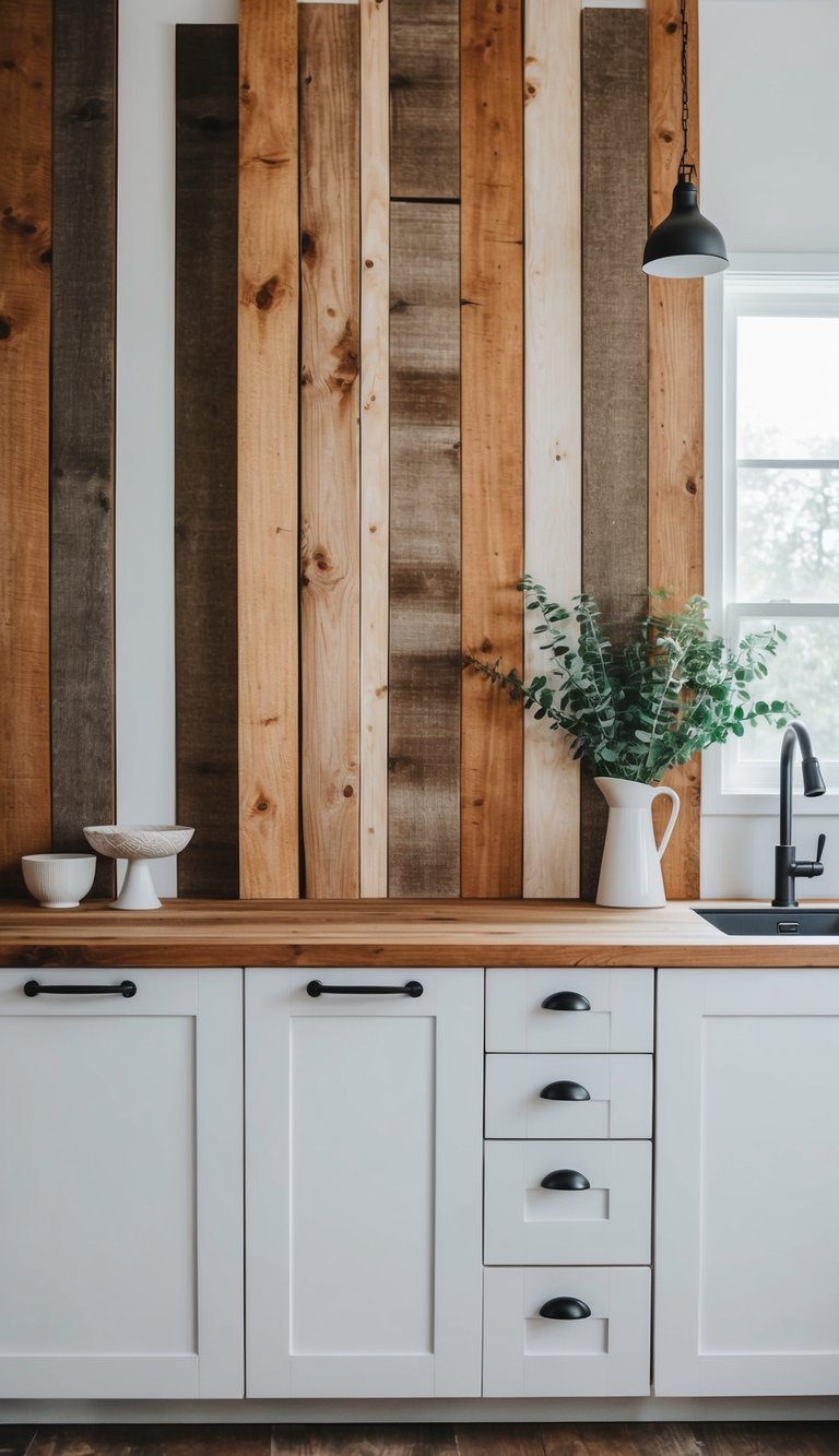 Reclaimed wood panels create a rustic backdrop for a white kitchen backsplash