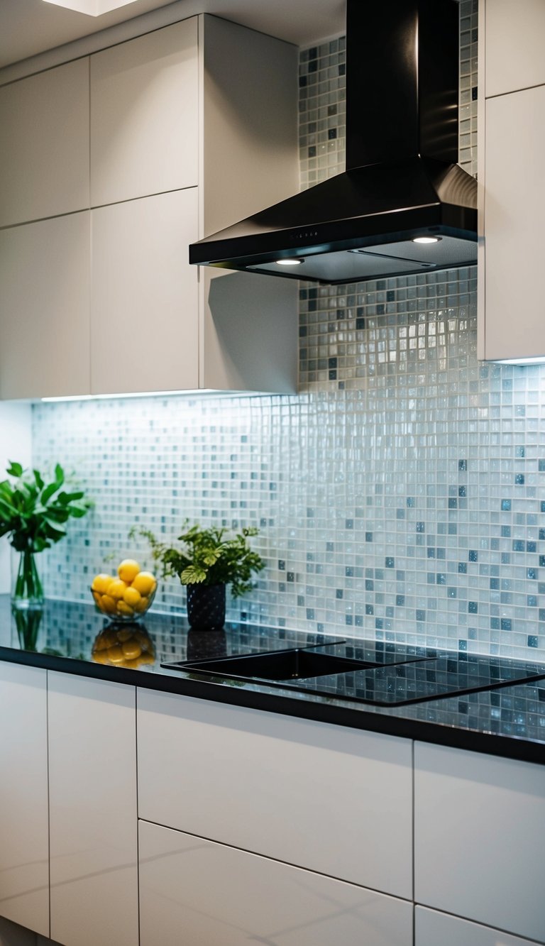 A modern kitchen with a sleek white glass tile mosaic backsplash
