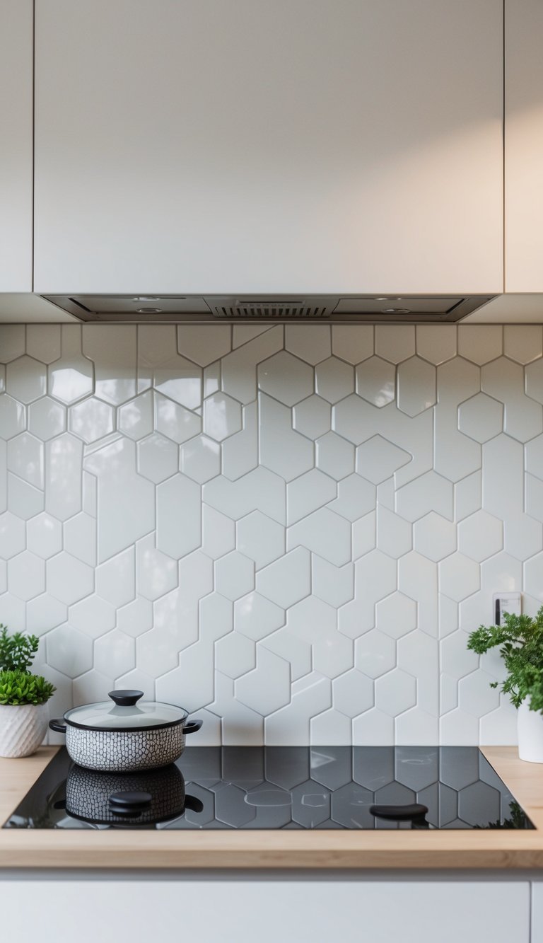 A modern kitchen with hexagon-shaped white tiles arranged in a sleek backsplash pattern