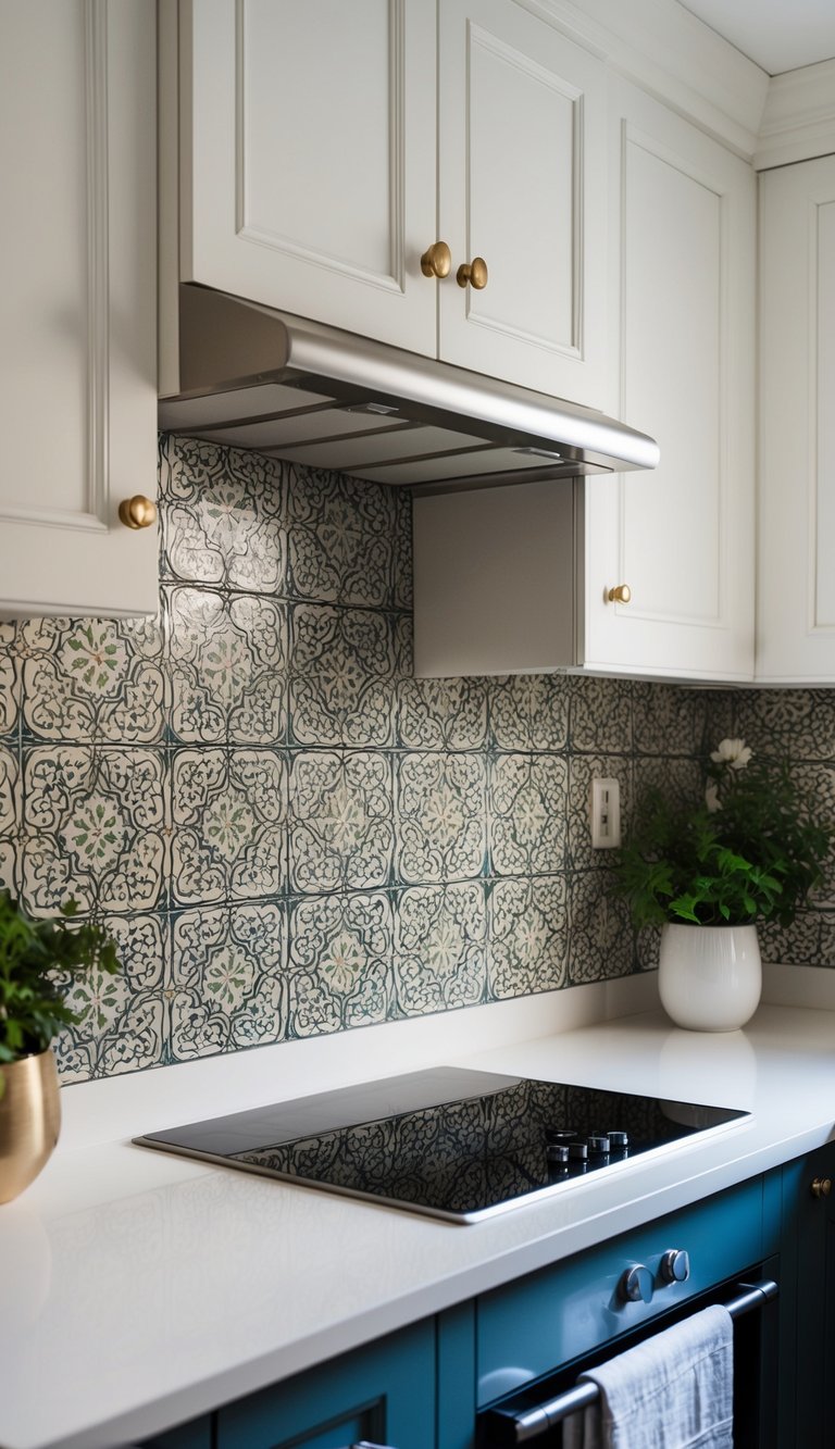 A white kitchen backsplash adorned with intricate Moroccan-style tiles