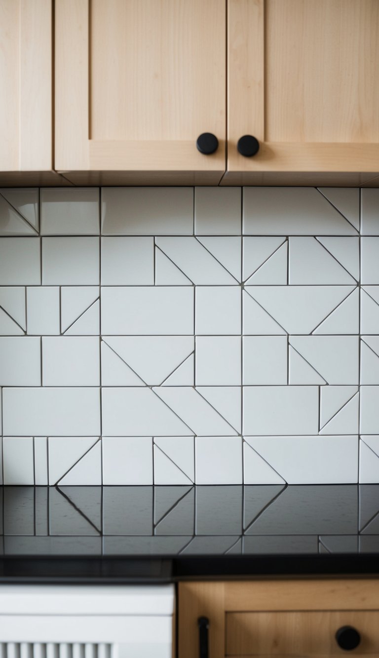 21 white peel-and-stick tiles arranged in a geometric pattern on a kitchen backsplash