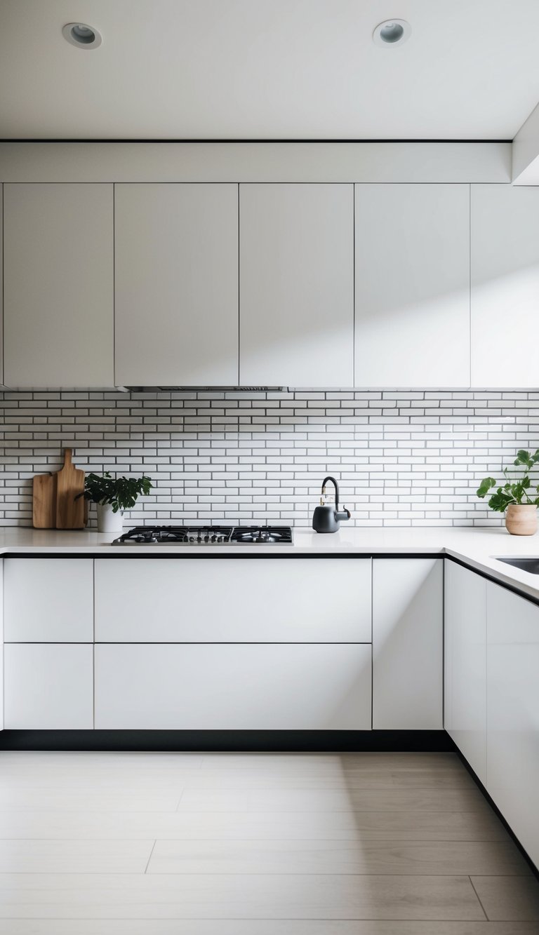 A modern white kitchen with sleek white brick veneer backsplash and minimalist design