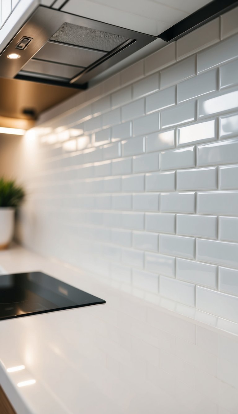 A close-up of white textured ceramic tiles forming a modern kitchen backsplash