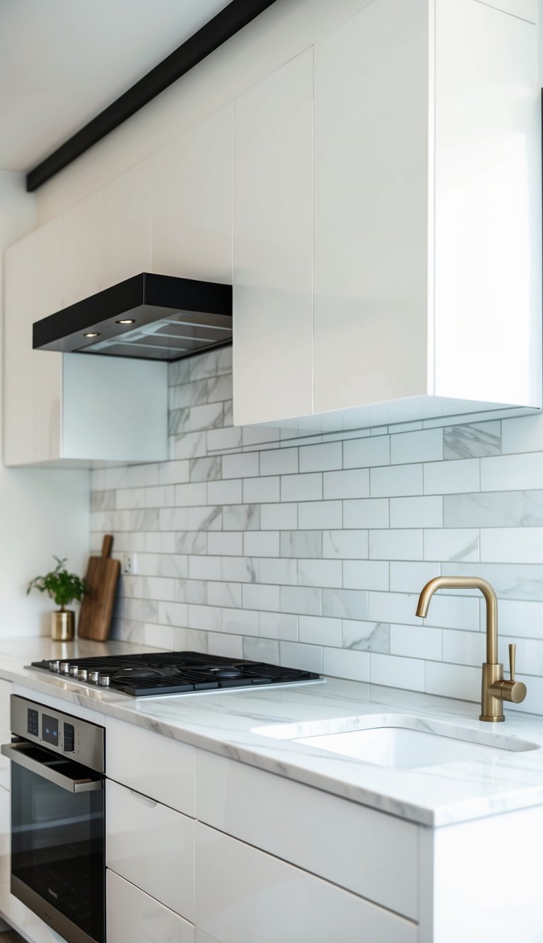 A modern kitchen with sleek white marble subway tiles forming a clean and elegant backsplash