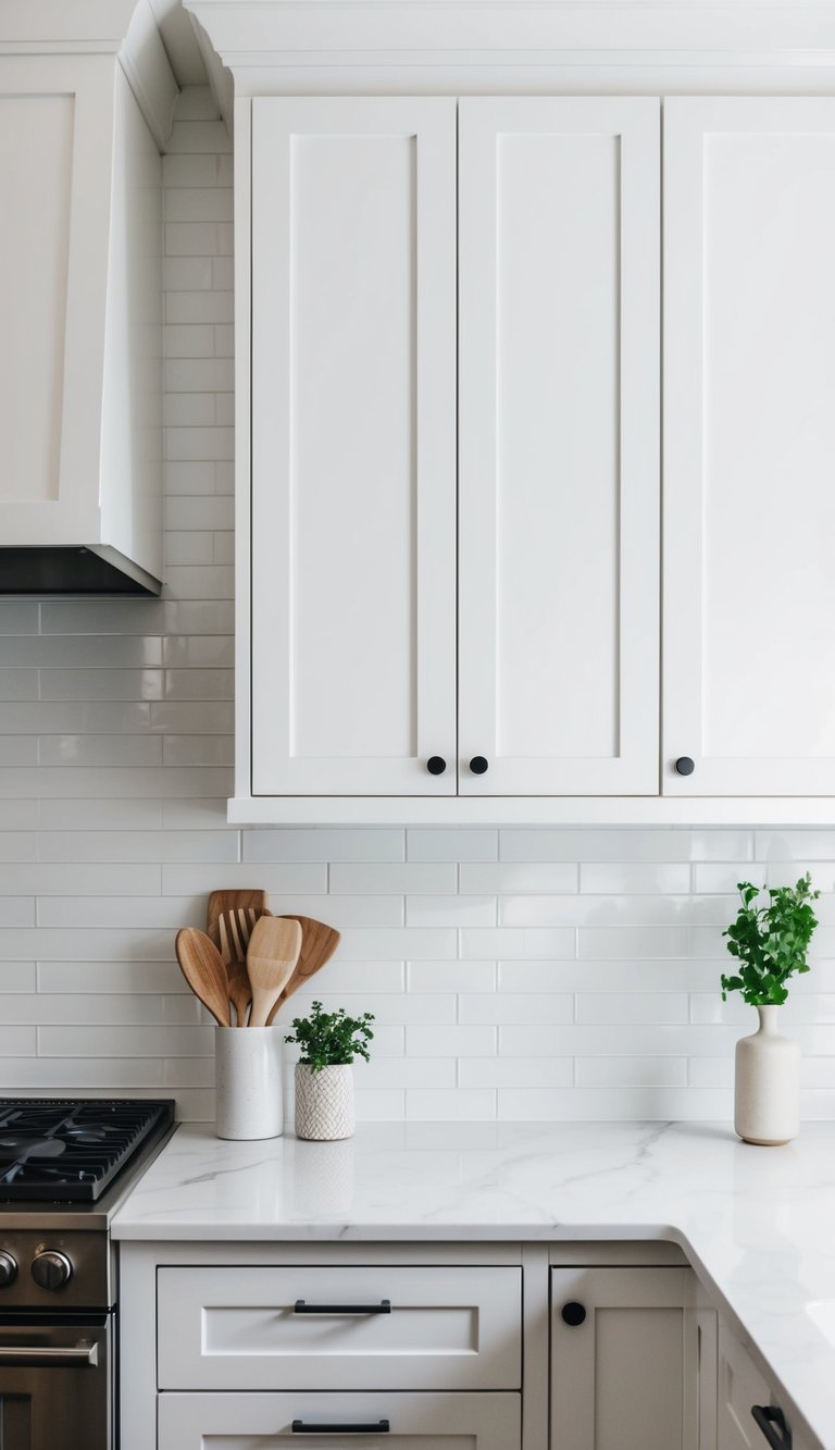 A vertical white subway tile kitchen backsplash with clean lines and minimalistic design