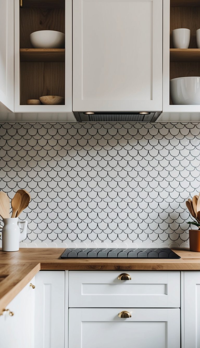 A modern white kitchen with fish scale tiles as the backsplash