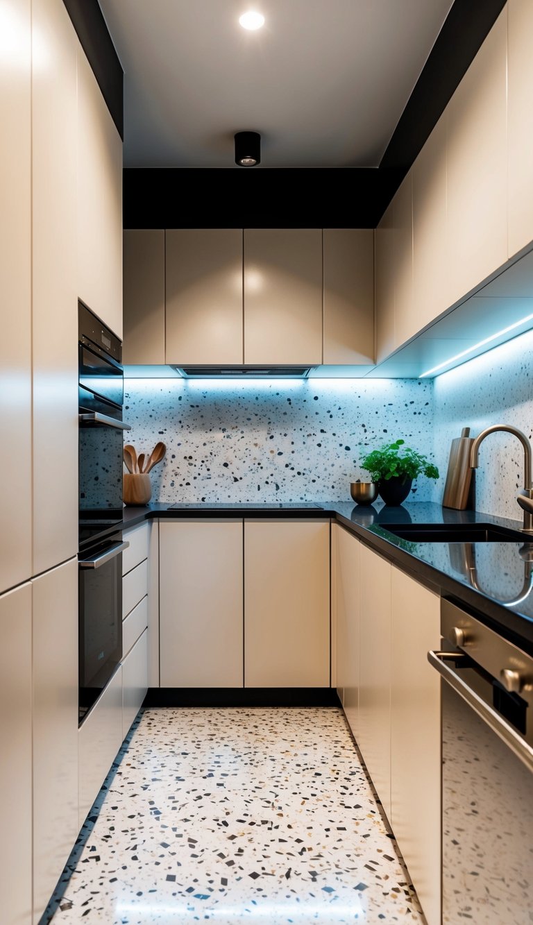 A modern kitchen with Terrazzo Look 21 wall tiles, clean lines, and sleek appliances
