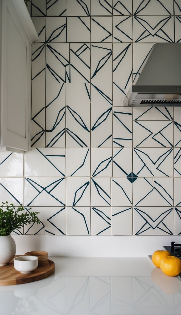 Patterned cement tiles arranged in a geometric design on a white kitchen backsplash