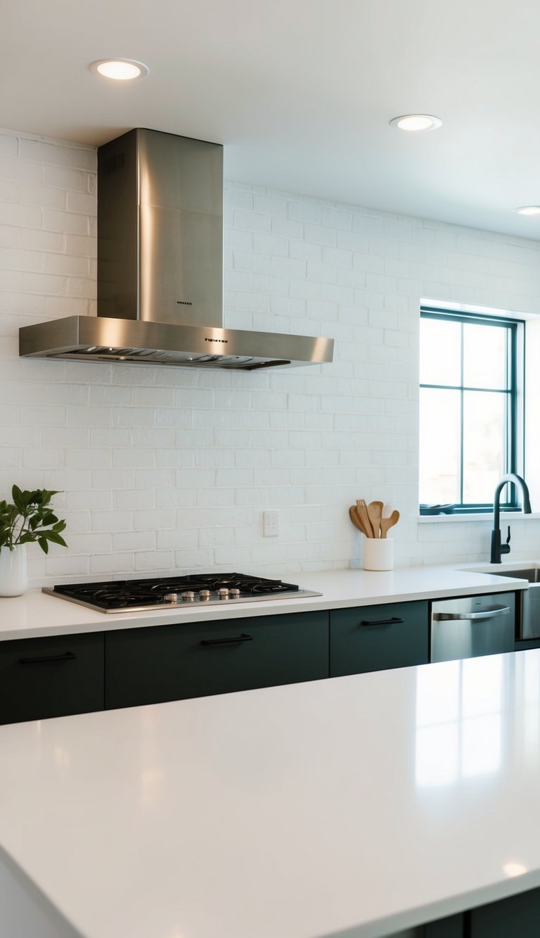 A clean, modern kitchen with whitewashed brick backsplash and sleek white countertops