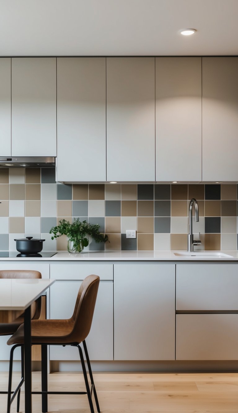 A modern kitchen with 21 neutral-colored tiles on the wall