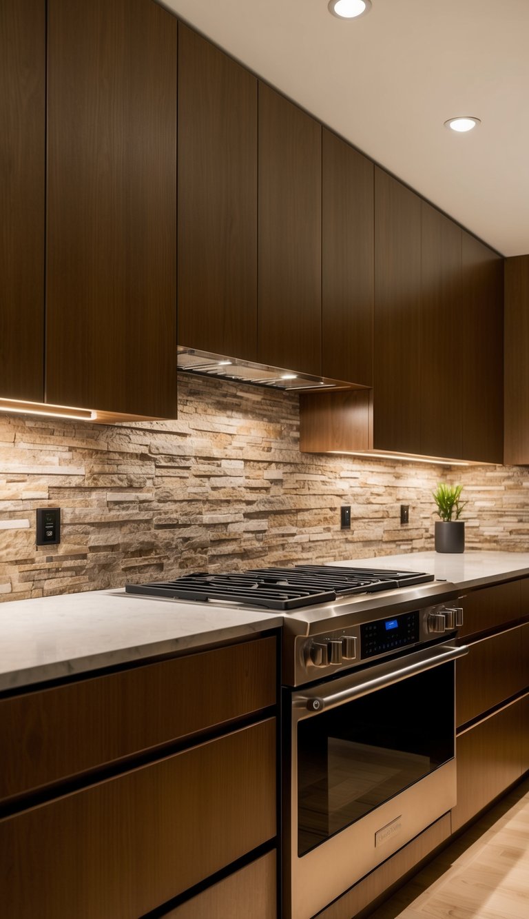 A sleek, modern kitchen with a Granite Elegance 21 natural stone backsplash, illuminated by warm recessed lighting